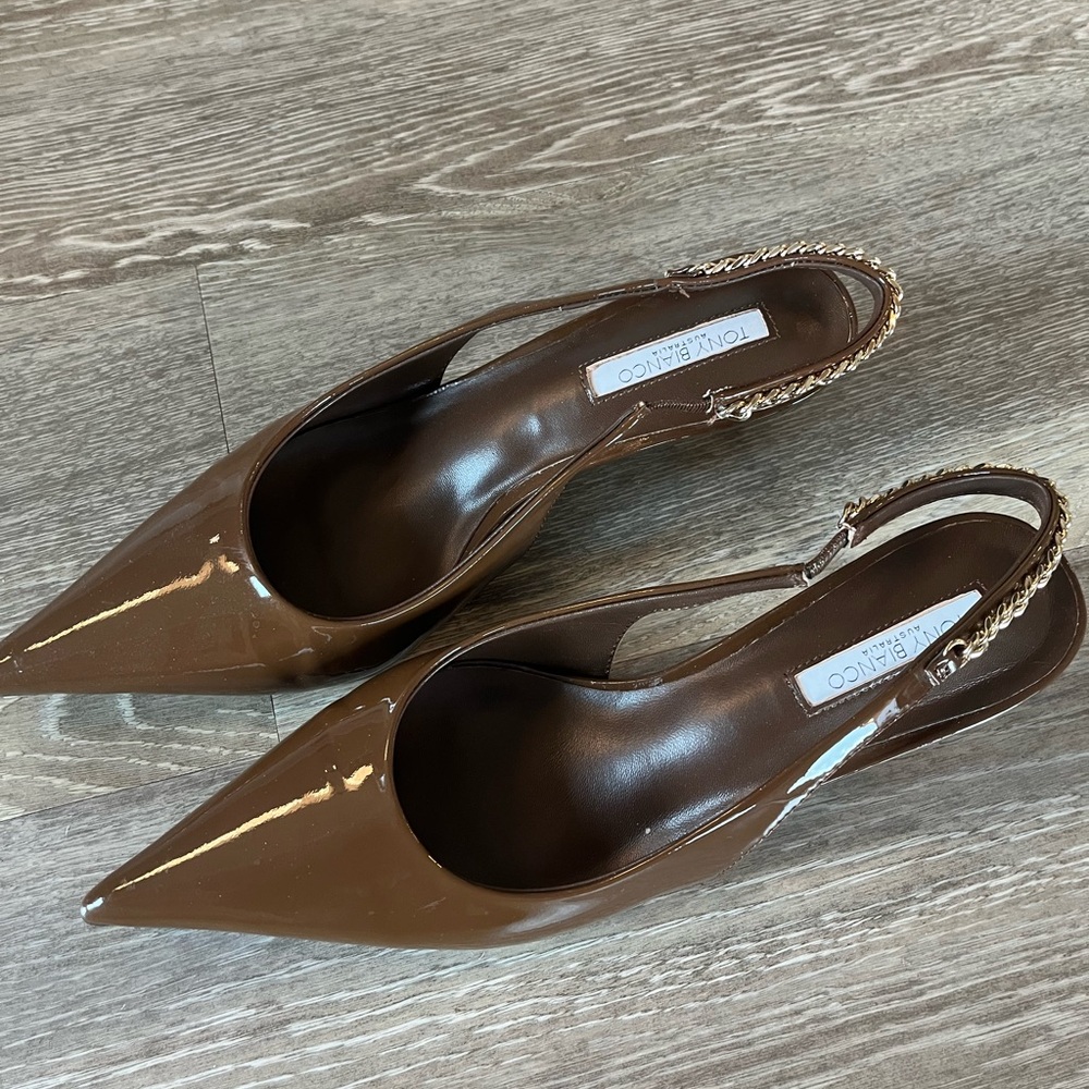 Fall ‘24 Tony Bianco Kara Mocha Slingback Patent Heels